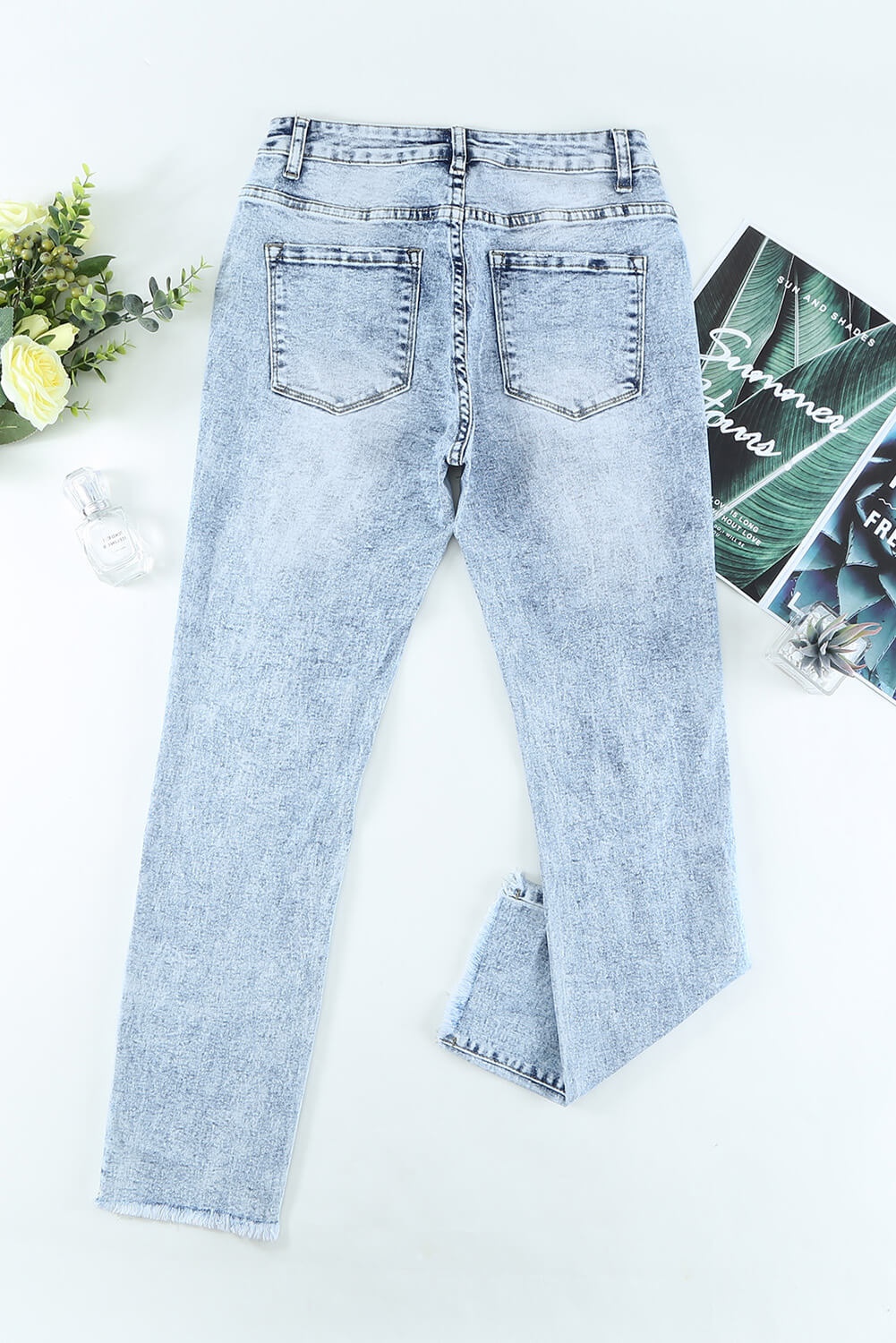 Distressed Fringe Hem Straight Leg Jeans