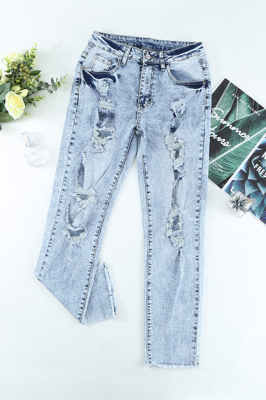 Distressed Fringe Hem Straight Leg Jeans