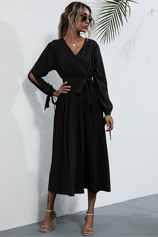 Split Sleeve Belt Pleated Dress