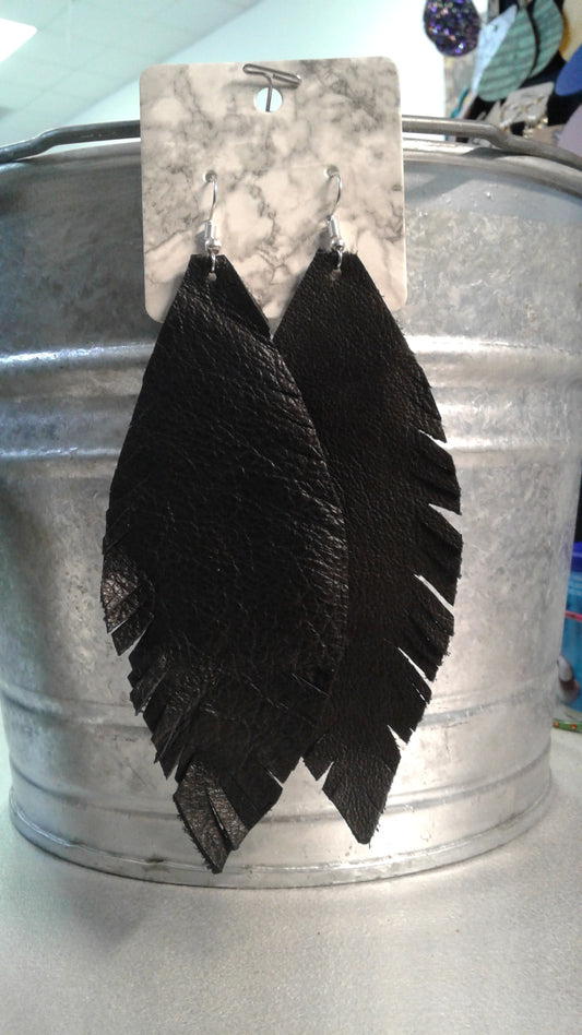 Black Leather Feather Earrings
