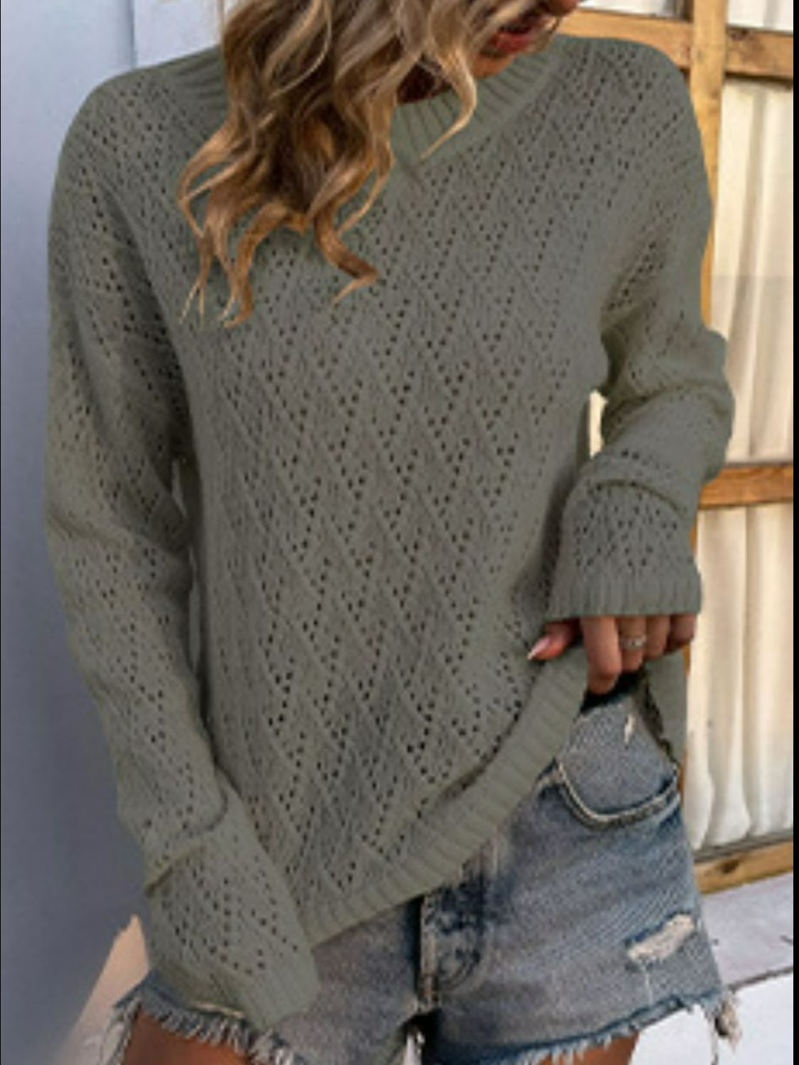 Openwork Dropped Shoulder Sweater